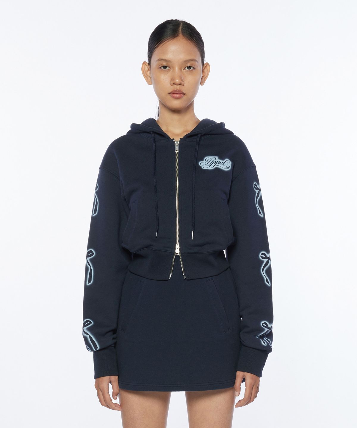 핍펫(PIPPET) Vintage Ribbon Crop Hoodie Zip-up (navy)