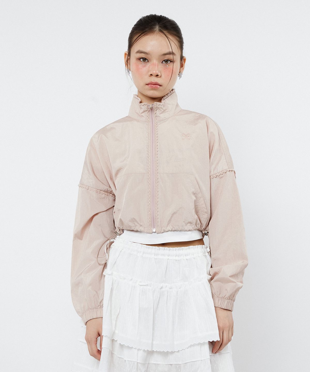 핍펫(PIPPET) Lace Crop Wind Breaker Jumper (coral pink)