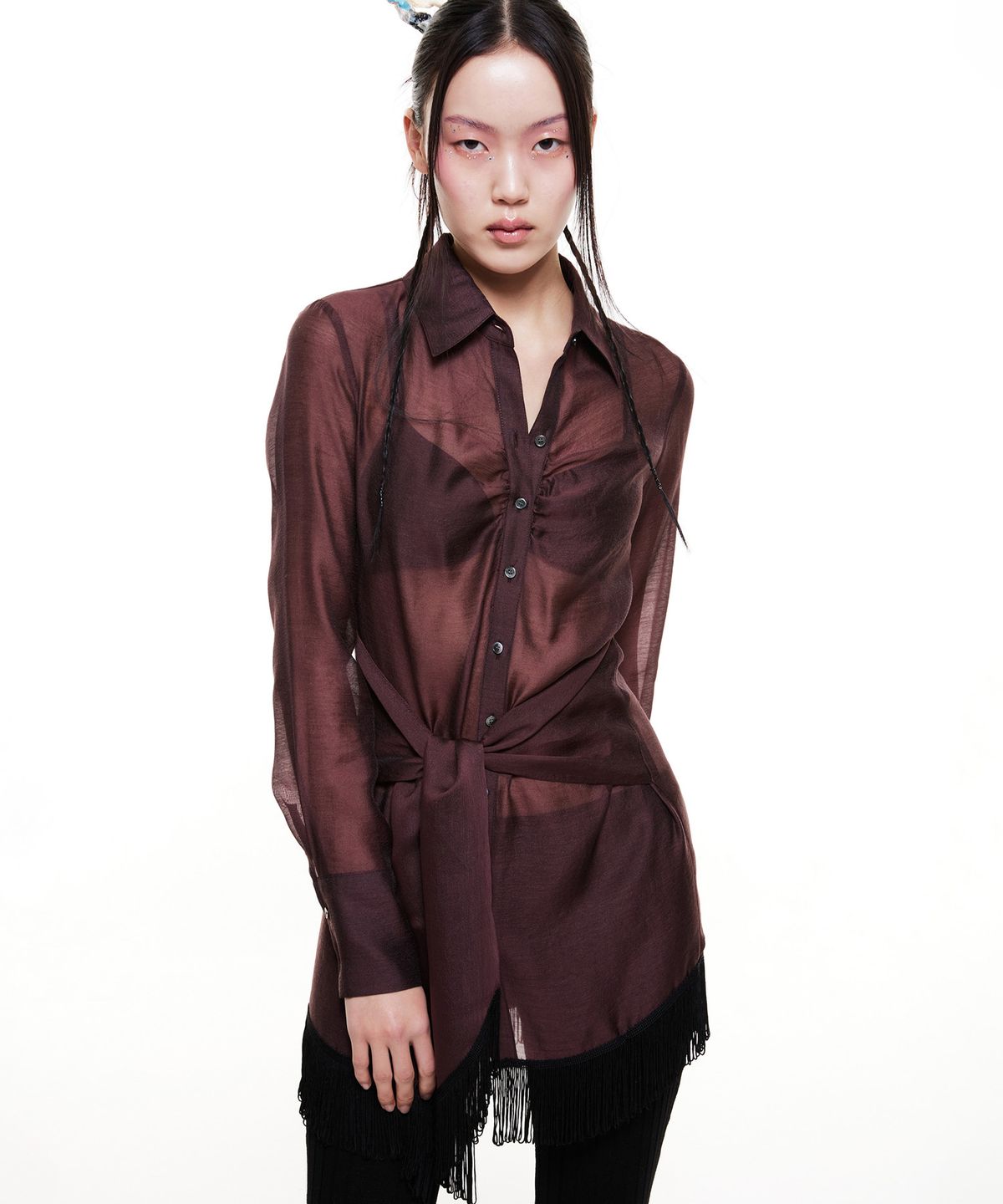 배디(BADEE) Tie-Up Shirring Shirt Dress Wine