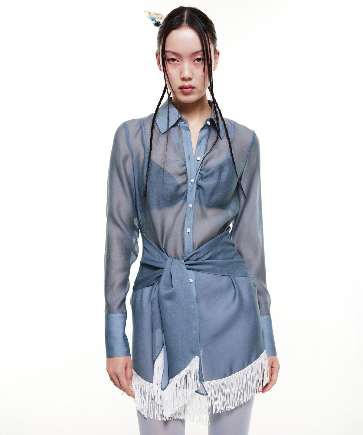 배디(BADEE) Tie-Up Shirring Shirt Dress Dusty Blue