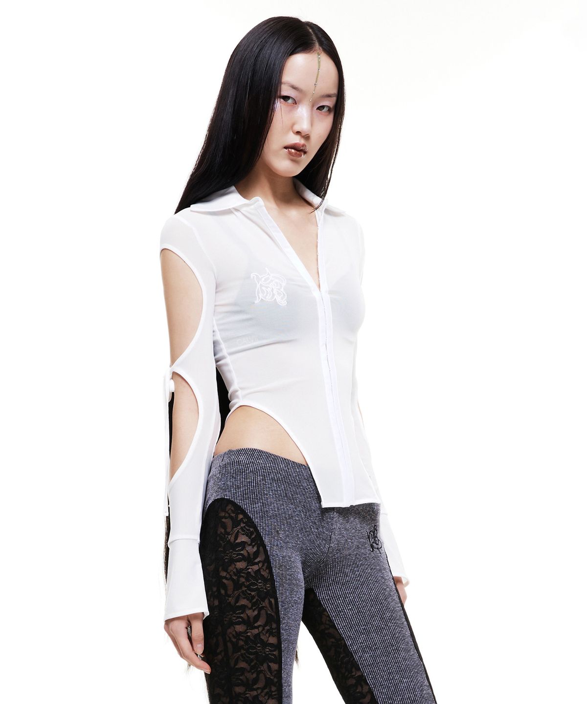 배디(BADEE) Mesh Cut-Out Shirt White