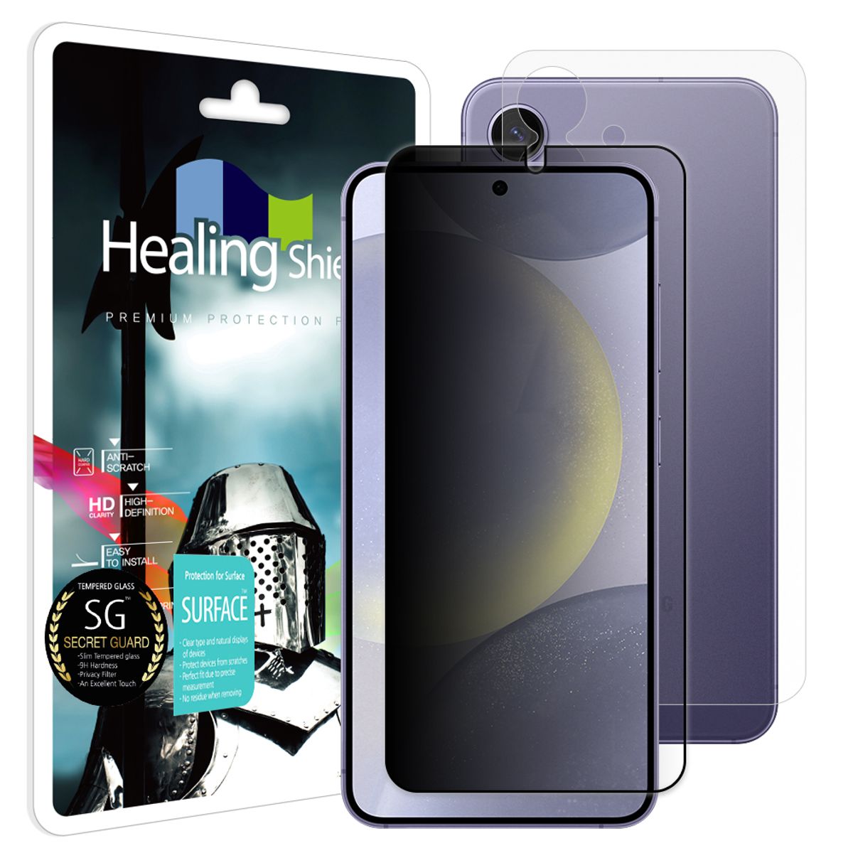 힐링쉴드(HEALINGSHIELD) 갤럭시S24 플러스 3D 풀커버 9H 정보보안 강화유리필름 1매 후면1매