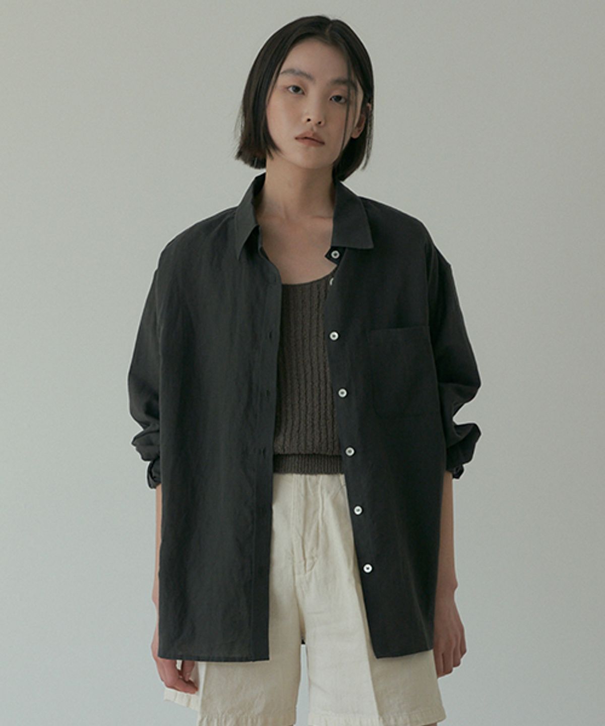 링서울(LINGSEOUL) linen bamboo blended wrap shirt-charcoal