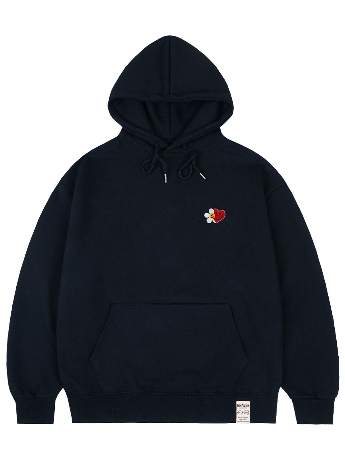 그레이버(GRAVER) [UNISEX]플라워 하트 하프스마일 자수 후드티_네이비