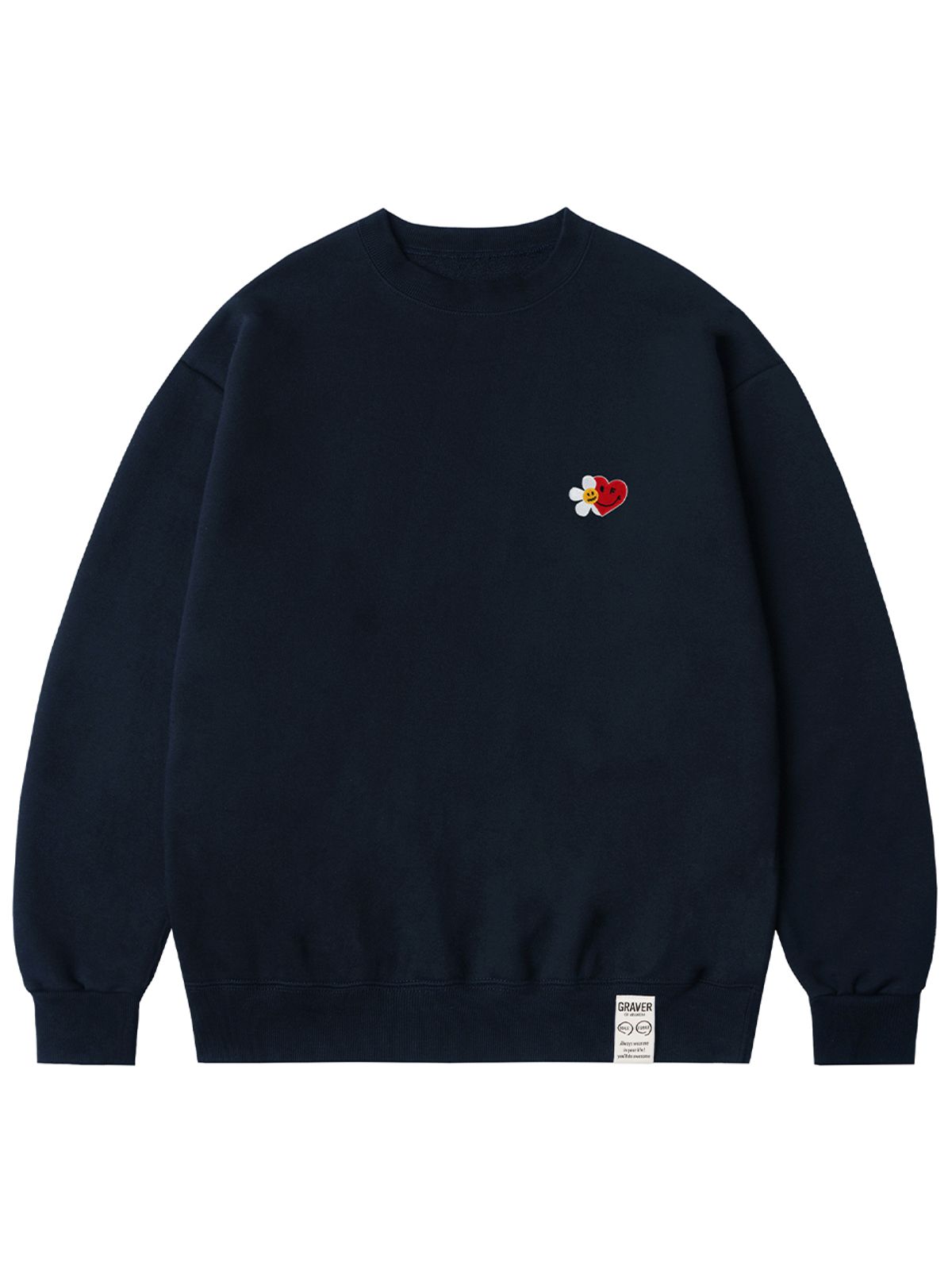 그레이버(GRAVER) [UNISEX]플라워 하트 하프스마일 자수 맨투맨_네이비