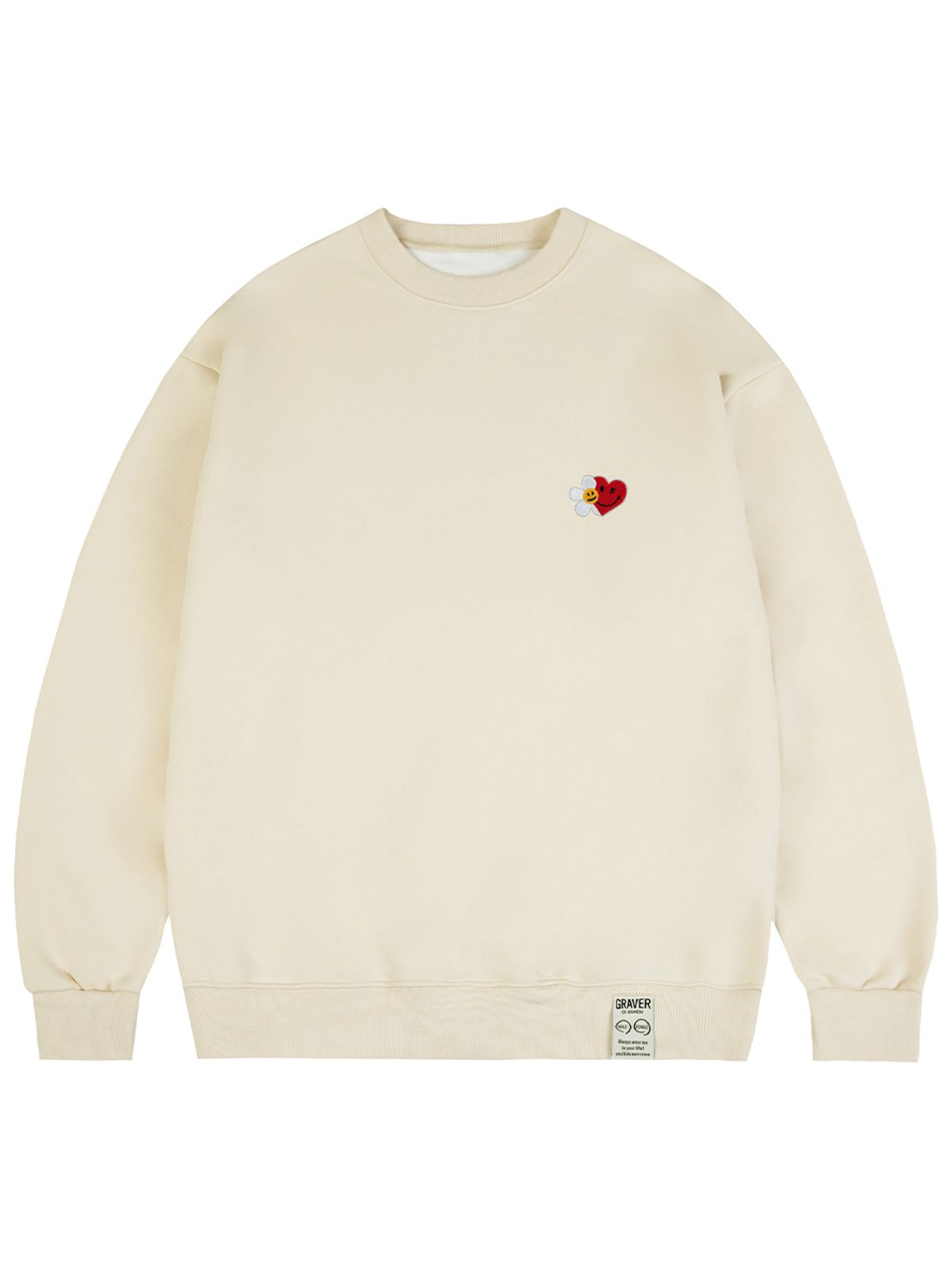그레이버(GRAVER) [UNISEX]플라워 하트 하프스마일 자수 맨투맨_크림