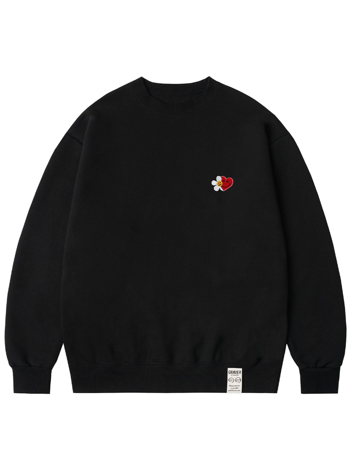 그레이버(GRAVER) [UNISEX]플라워 하트 하프스마일 자수 맨투맨_블랙