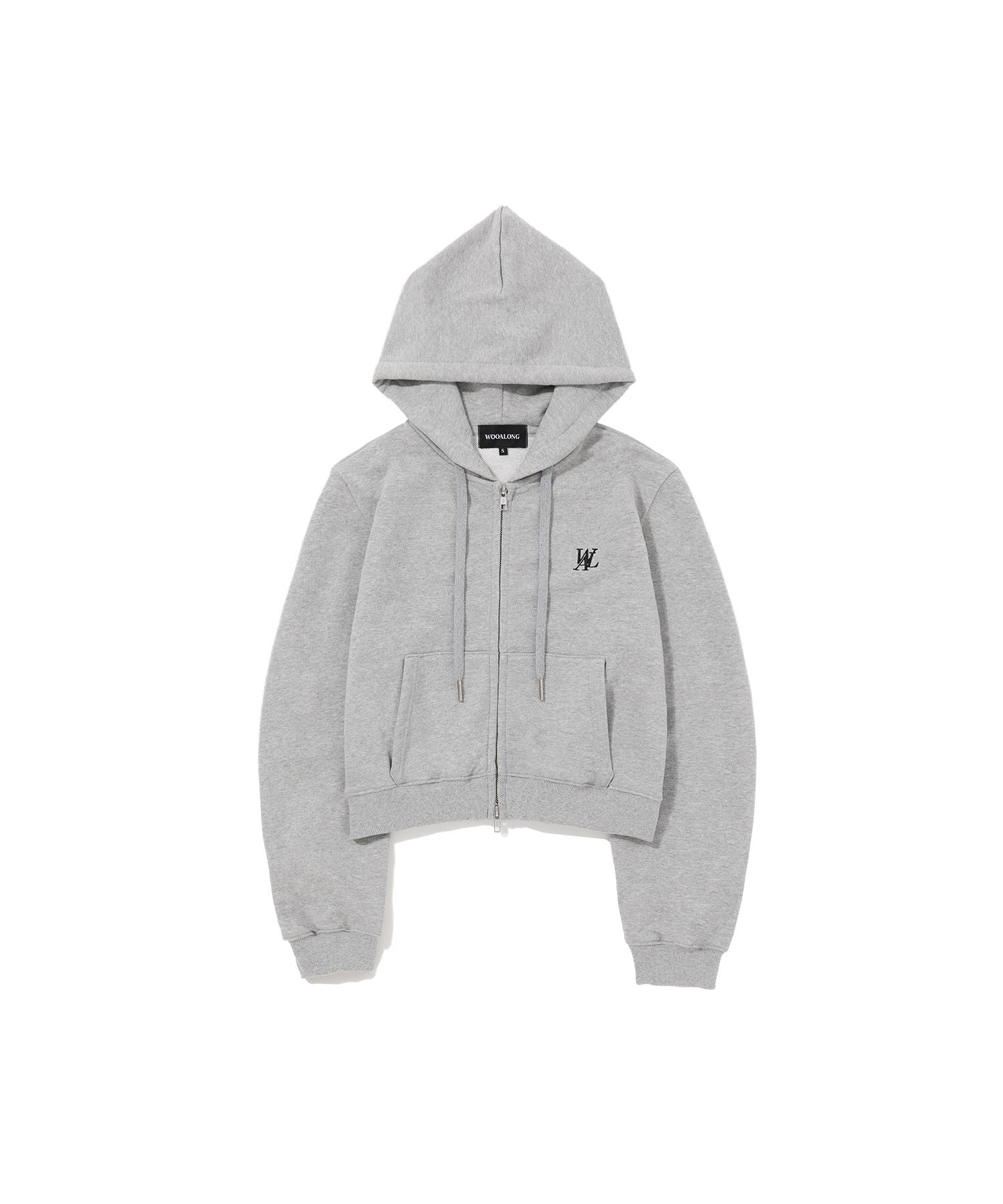 MUSINSA公式 | WOOALONG Signature tuck sleeve crop hood zip-up - GREY