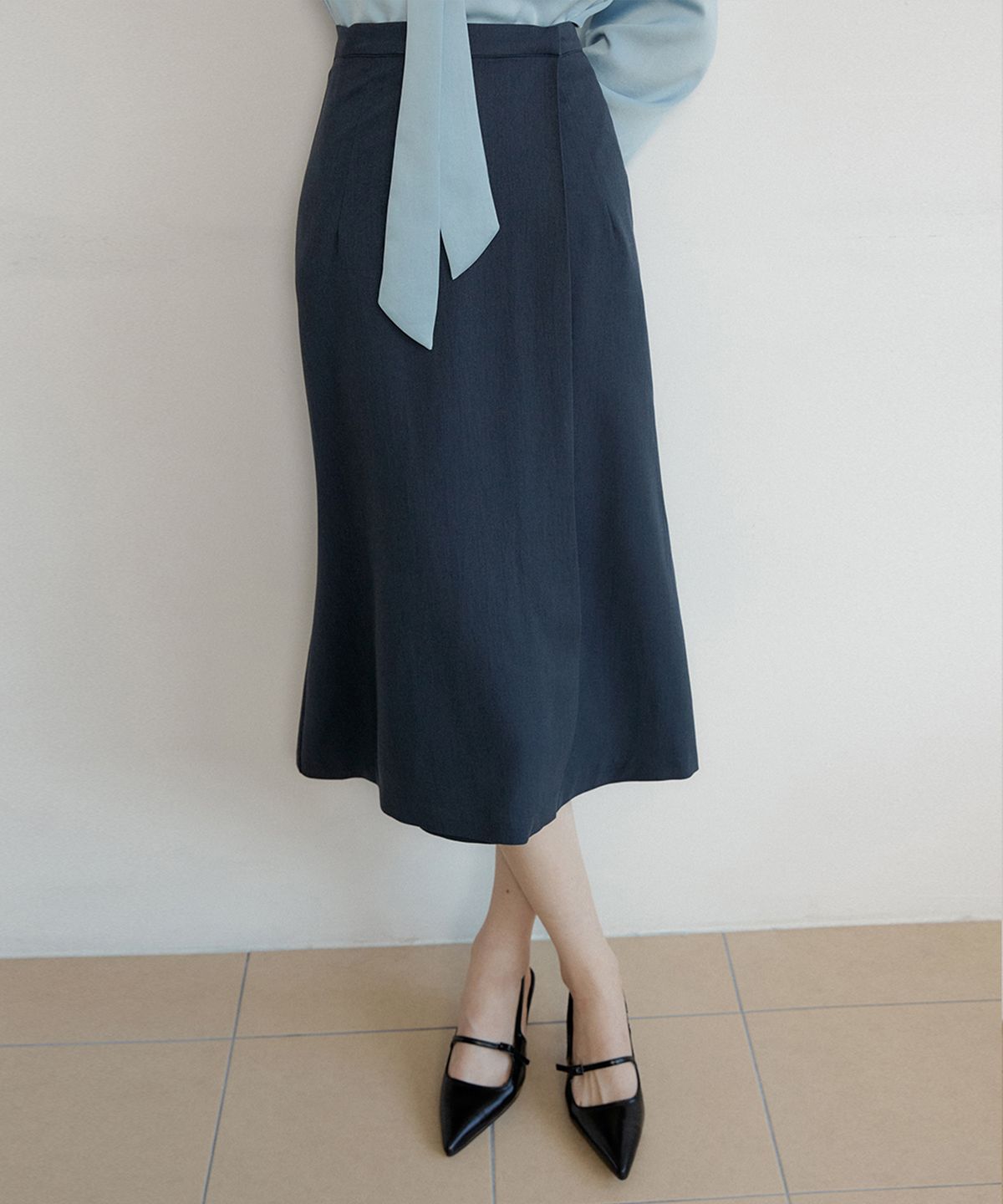 리올그(REORG) AT WRAP BUTTON FLARE SKIRT INDIGO BLUE
