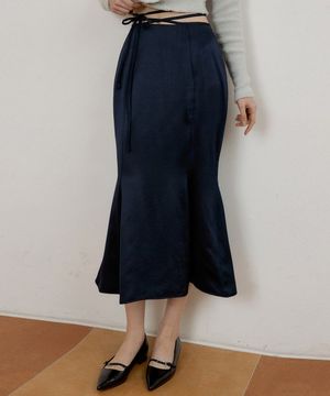 AT RIBBON WAIST SATIN FLARE SKIRT NAVY