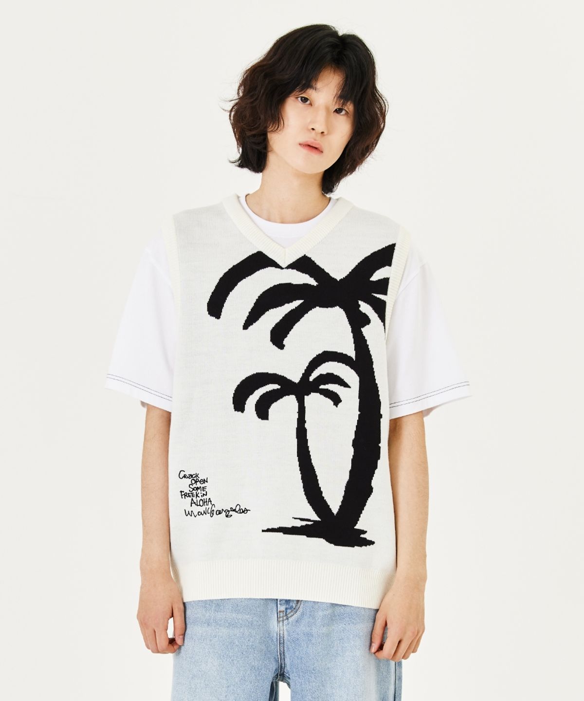 마크곤잘레스(MARK GONZALES) PALM TREE V-NECK KNIT VEST - IVORY