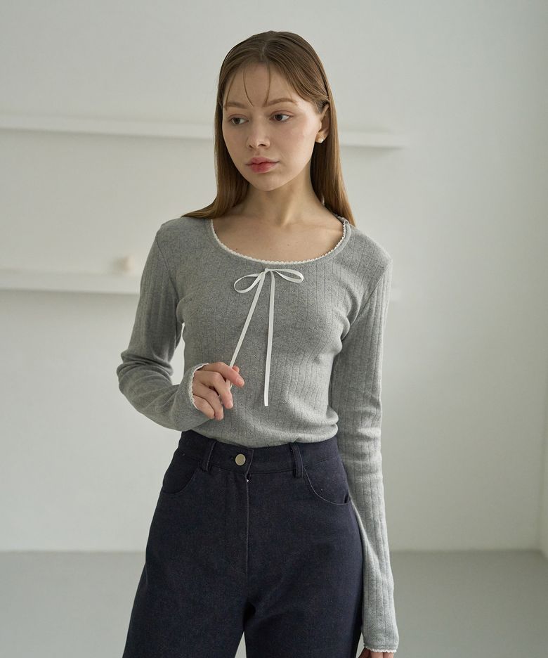 레이스 펀칭 리본 롱슬리브 (멜란그레이)