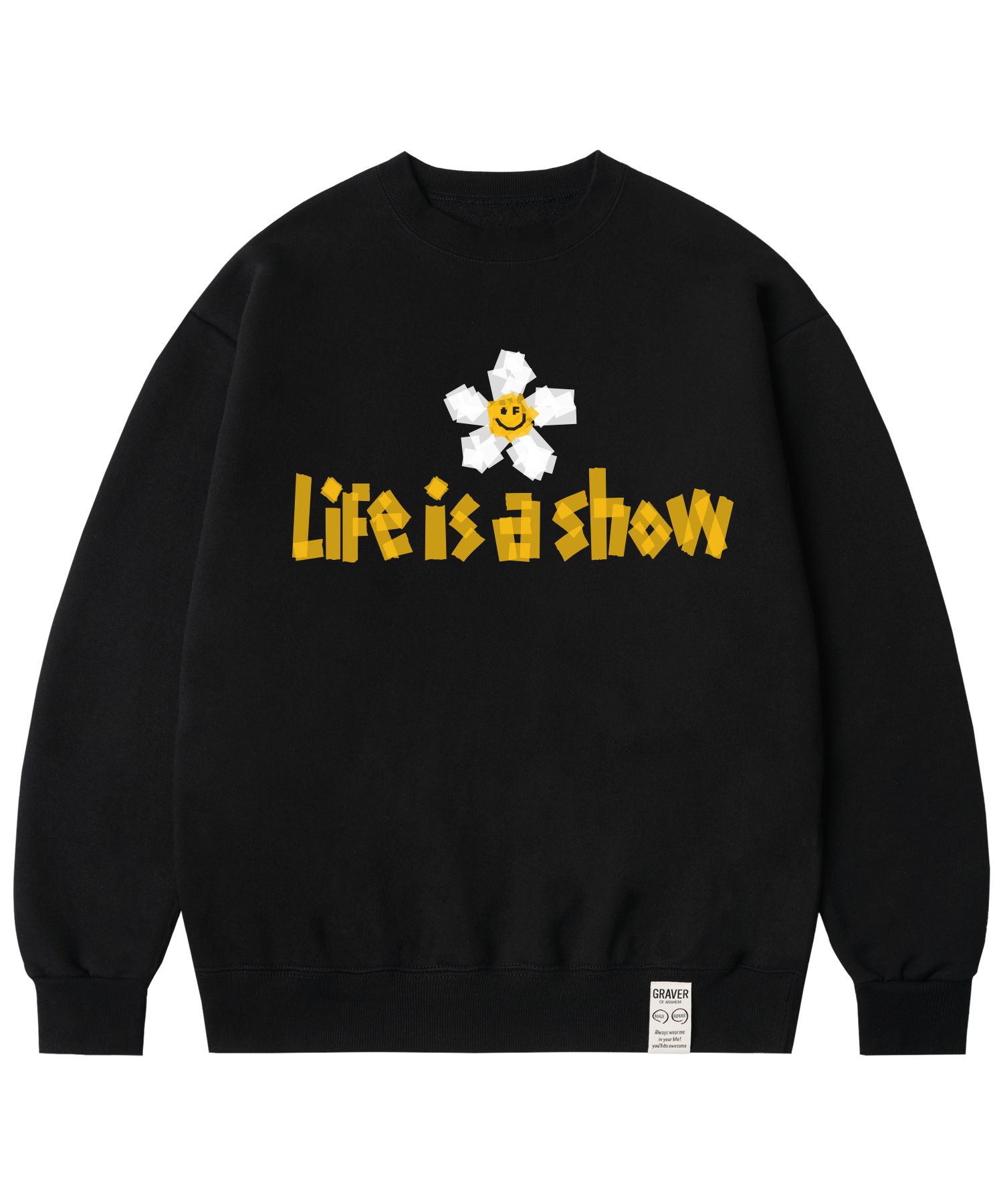 MUSINSA | GRAVER [UNISEX] Tape Flower Smile Sweatshirt_Black