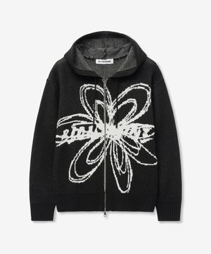 플라워 자카드 니트 후드 집업