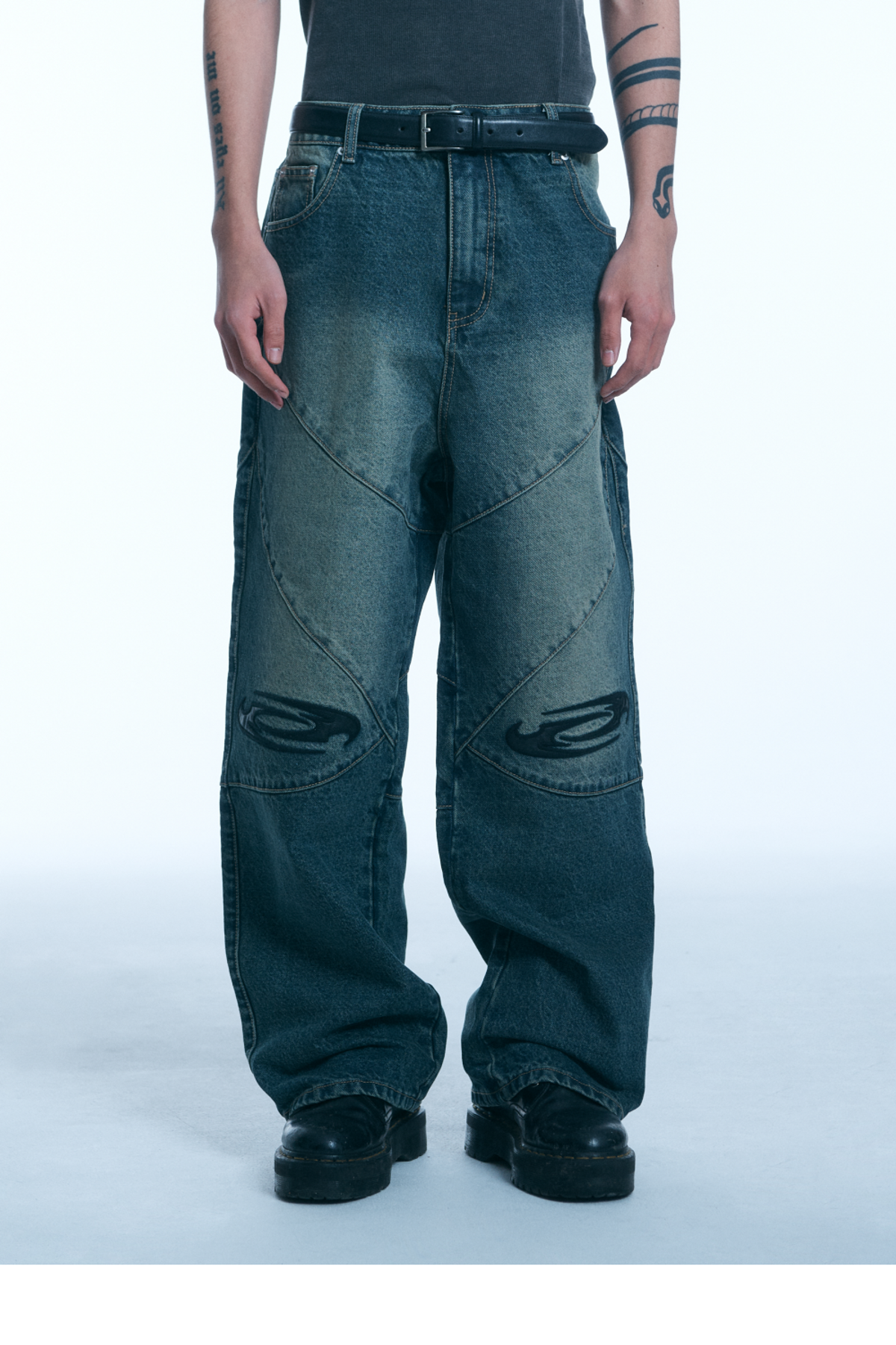 제이든척(JADENCHUCK) VINTAGE WASHED LEATHER DENIM PANTS