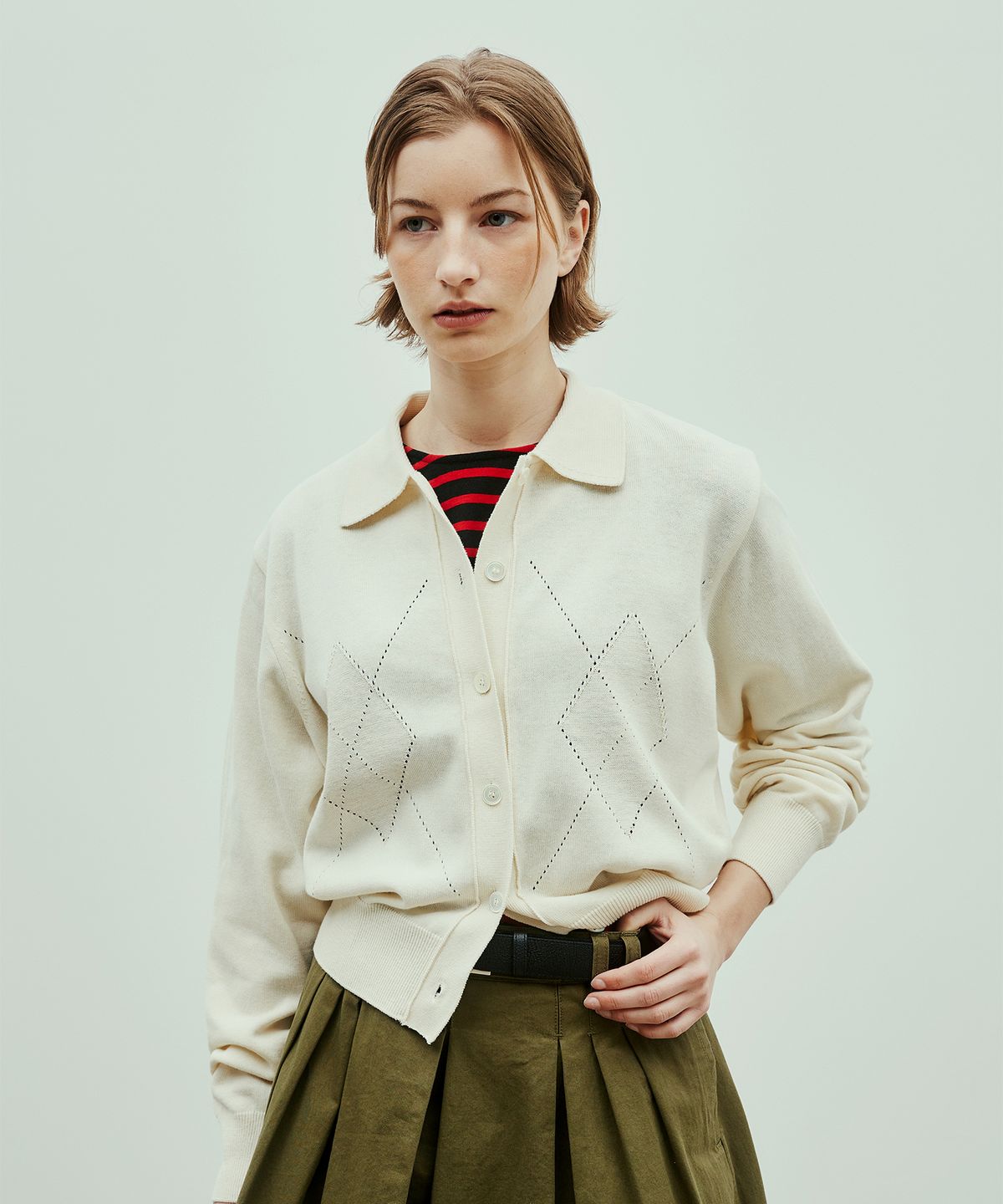 유니폼브릿지(UNIFORM BRIDGE) argyle collar knit cardigan(womens) ivory