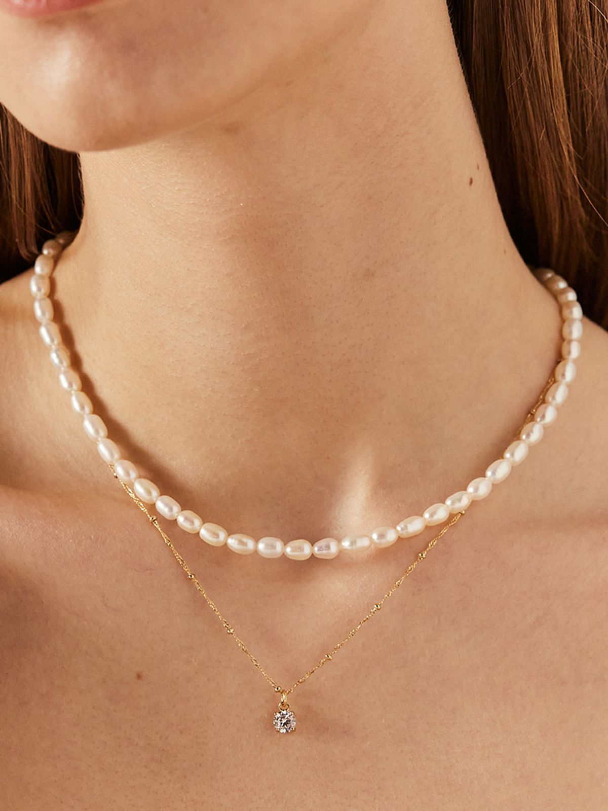 소수(SOSOO) [SET ITEM] Freshwater Pearl Cubic Layered Necklace 담수 진주 큐빅 레이어드 목걸이
