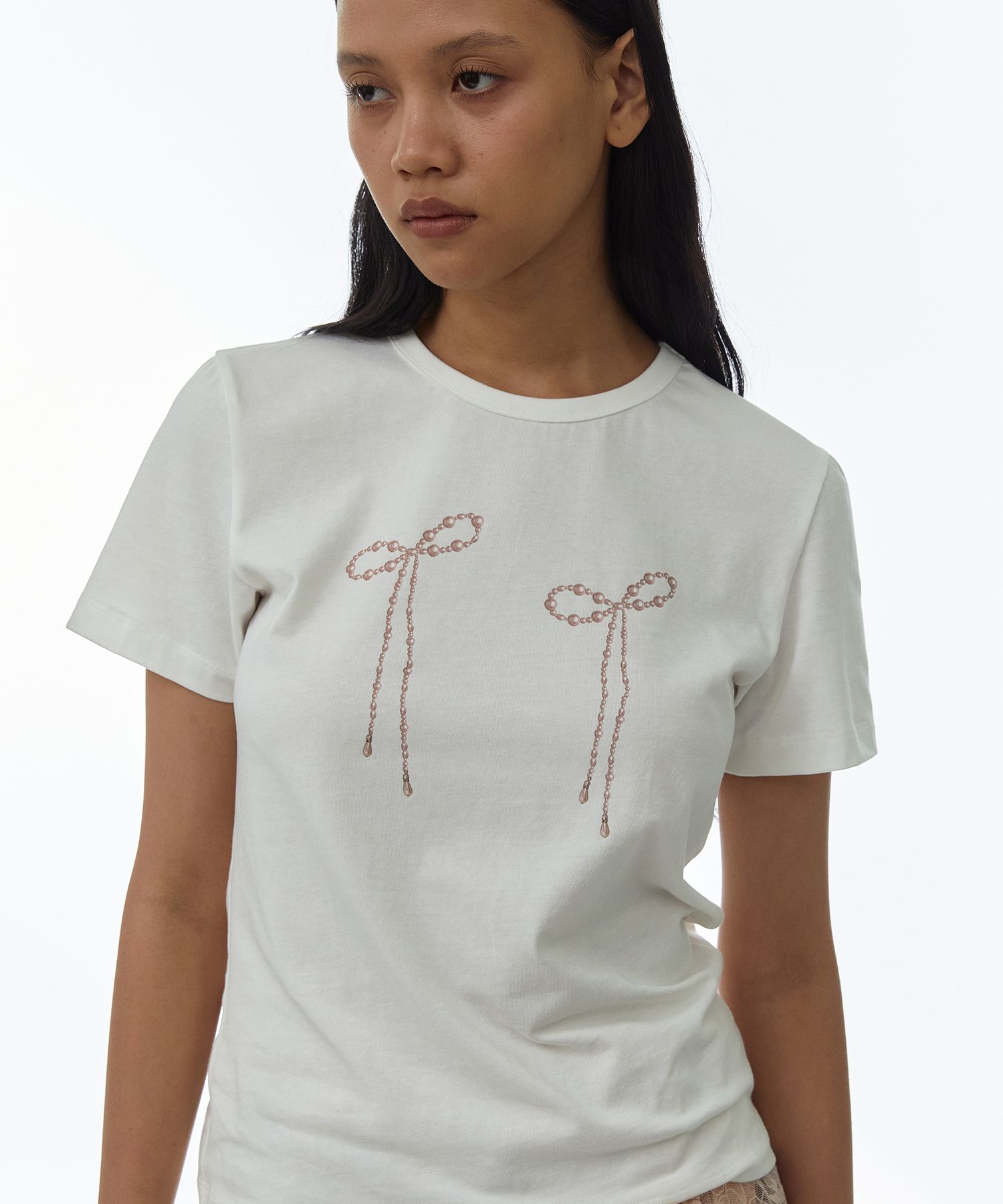 MILLO WOMEN☆Pearl Ribbon T-shirt MUSINSA | MILLO WOMEN Pearl Ribbon T-shirt [White]