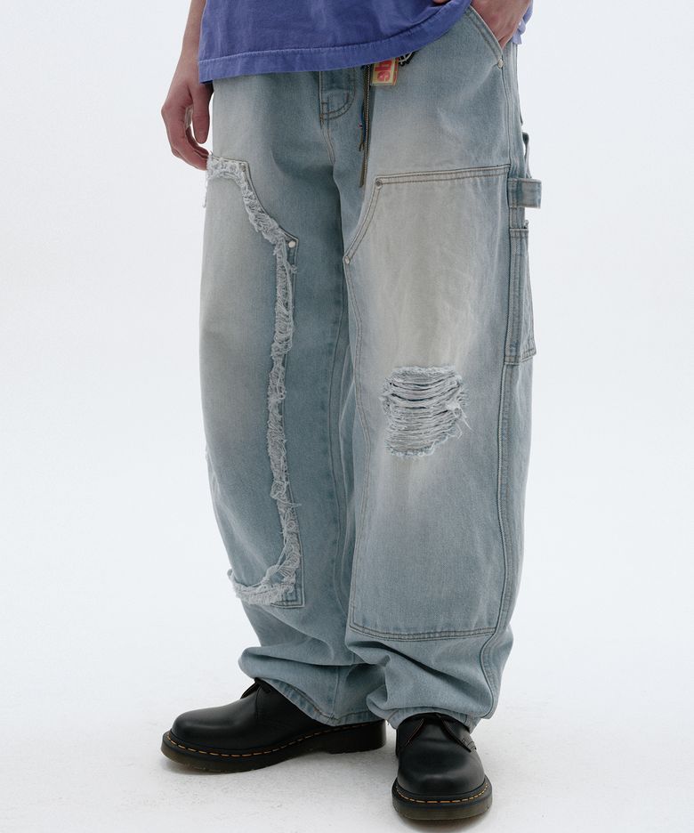 DAMAGED DOUBLE KNEE PANTS [LIGHT BLUE]