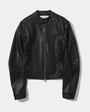 넥 버튼 투웨이 슬림 라인 레이싱 레더 자켓 점퍼