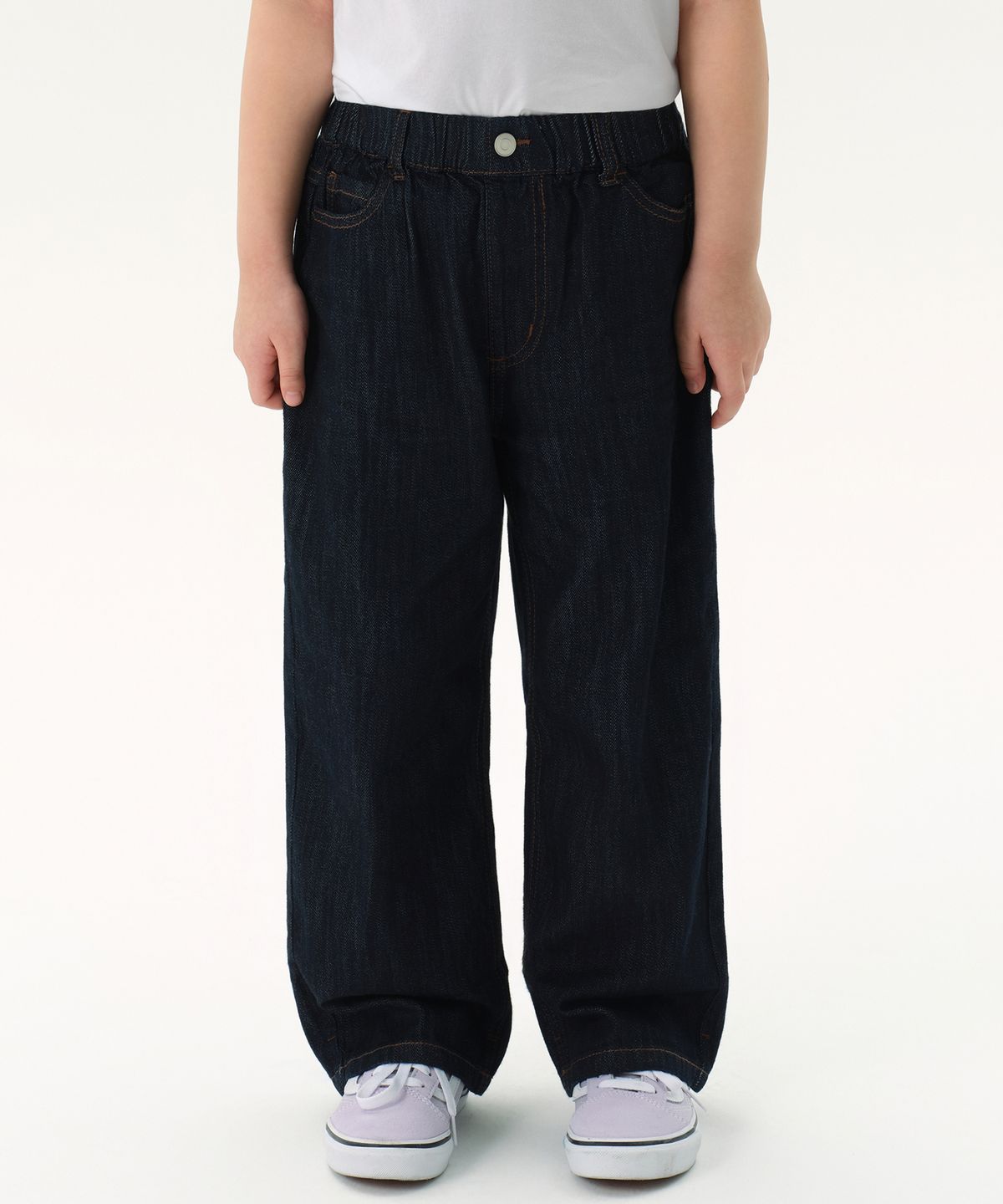 무신사 스탠다드 키즈(MUSINSA STANDARD KIDS) 린넨 라이크 와이드 밴딩 데님 팬츠 [딥 인디고]