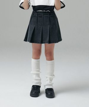 데님 밴딩 플리츠 스커트 [워시드 블랙]