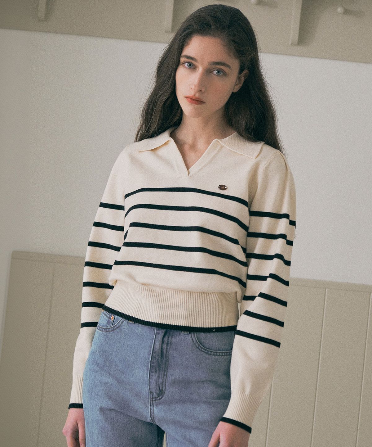 로라로라(ROLAROLA) PUFF SLEEVE STRIPE KNIT WH+BK