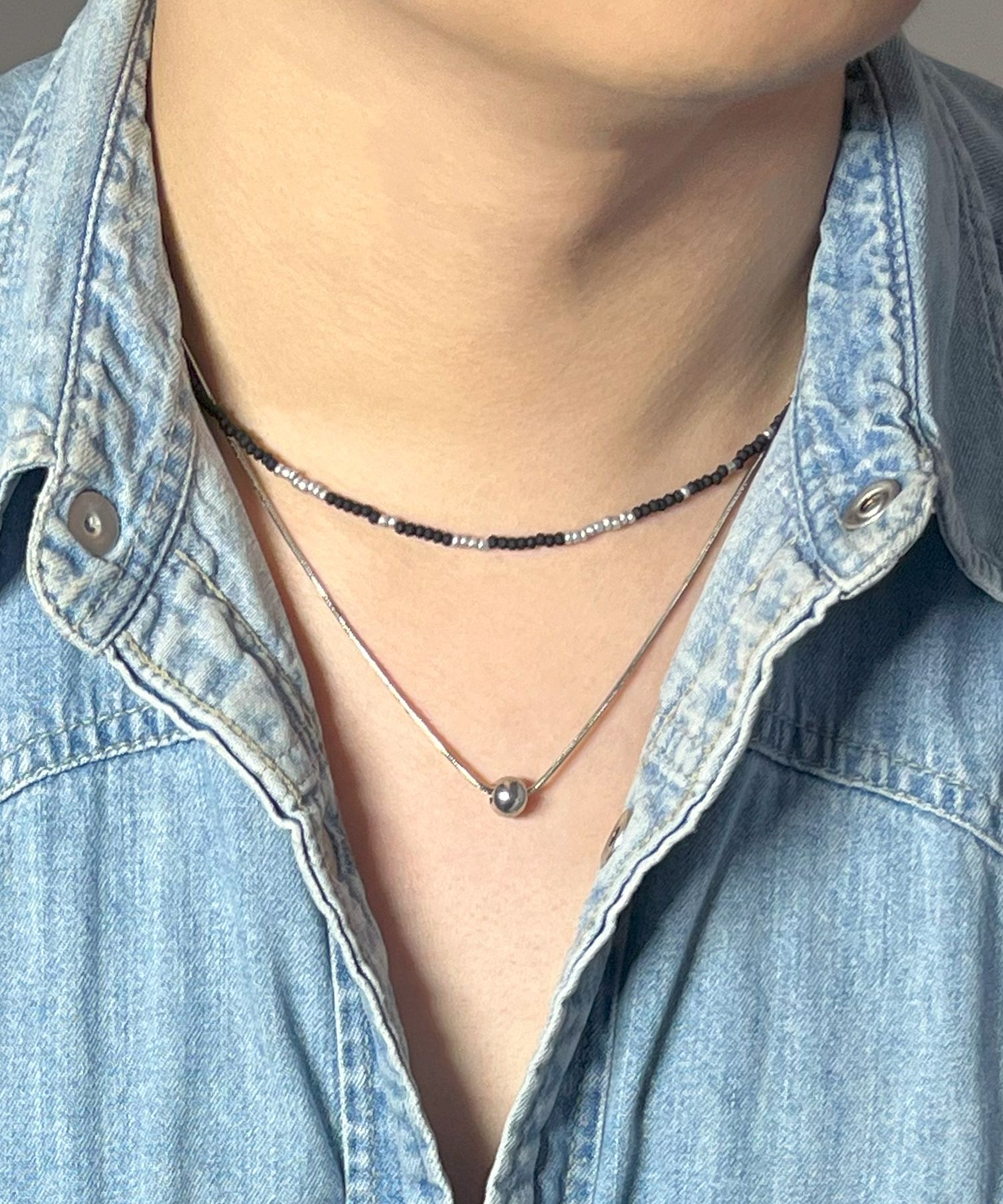 【SSY】Glass beads & Silver ball layering necklaced▲TWS着用 SSY】Glass beads & Silver ball layering necklaced△TWS着用