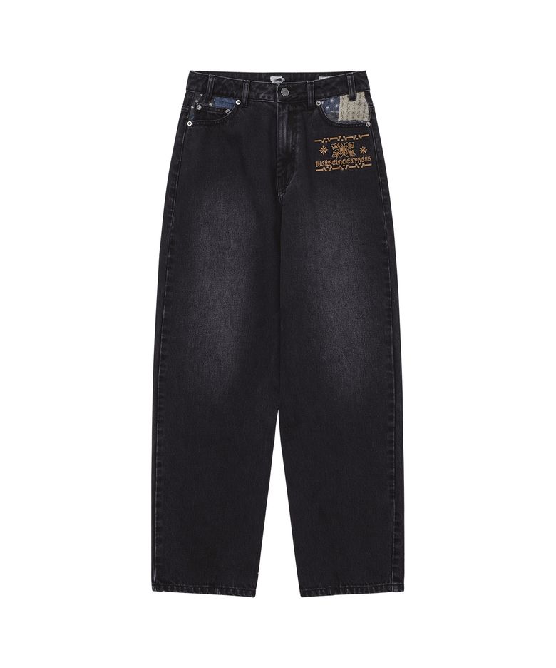 Embroidered Patch Jeans  Black