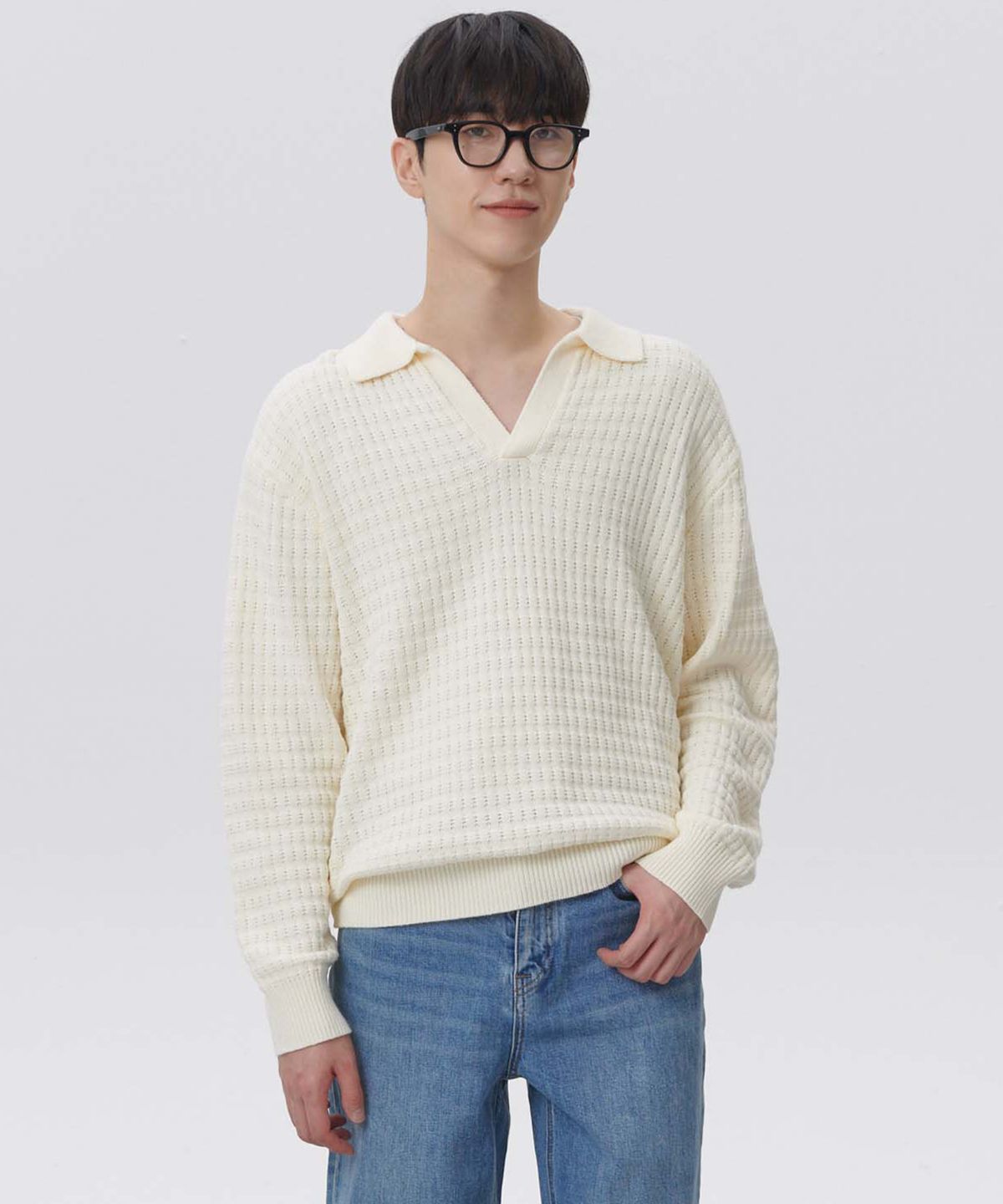 플랙(PLAC) 와플 롱슬리브 카라 니트 아이보리