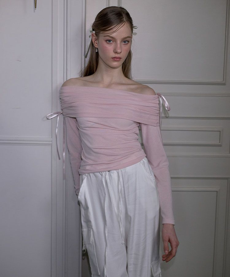 MUSINSA | ROSÉ FRANTZ Ribbon Off Shoulder Long Sleeve [Pink]