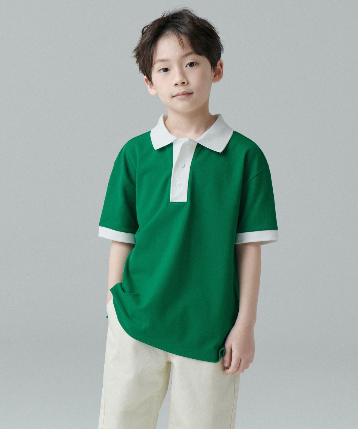 무신사 스탠다드 키즈(MUSINSA STANDARD KIDS) [쿨탠다드] 오버사이즈 컬러 블록 피케 폴로 셔츠 [아이리쉬 그린]