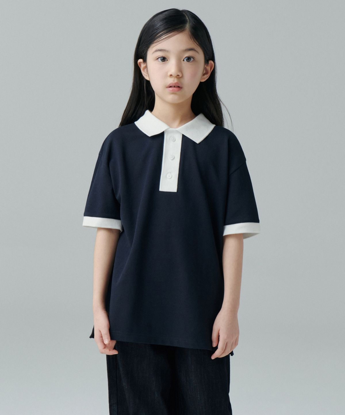 무신사 스탠다드 키즈(MUSINSA STANDARD KIDS) [쿨탠다드] 오버사이즈 컬러 블록 피케 폴로 셔츠 [네이비]