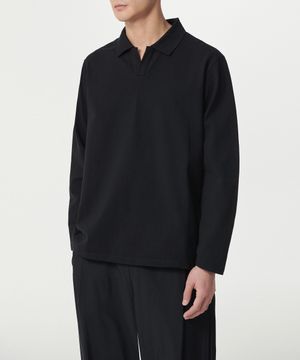 슬릿 넥 긴소매 피케 폴로 셔츠 [블랙]