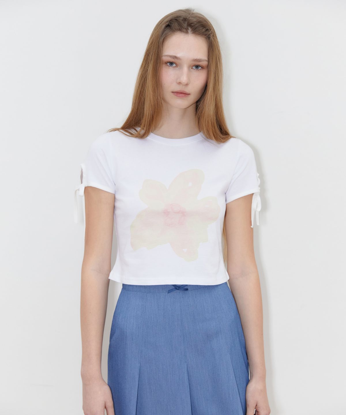 시눈(SINOON) PRINTED RIBBON SLEEVE T-SHIRT (PEACH)