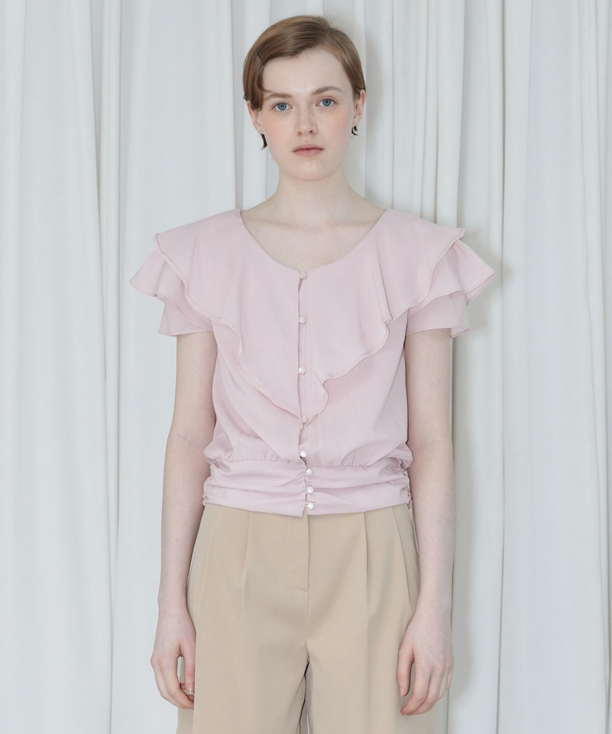 시눈(SINOON) V-NECK RUFFLE BLOUSE (LIGHT PINK)