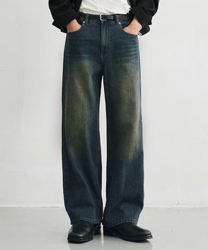 콘트라스트 세미 와이드 워싱 데님 팬츠 [DARK BLUE]