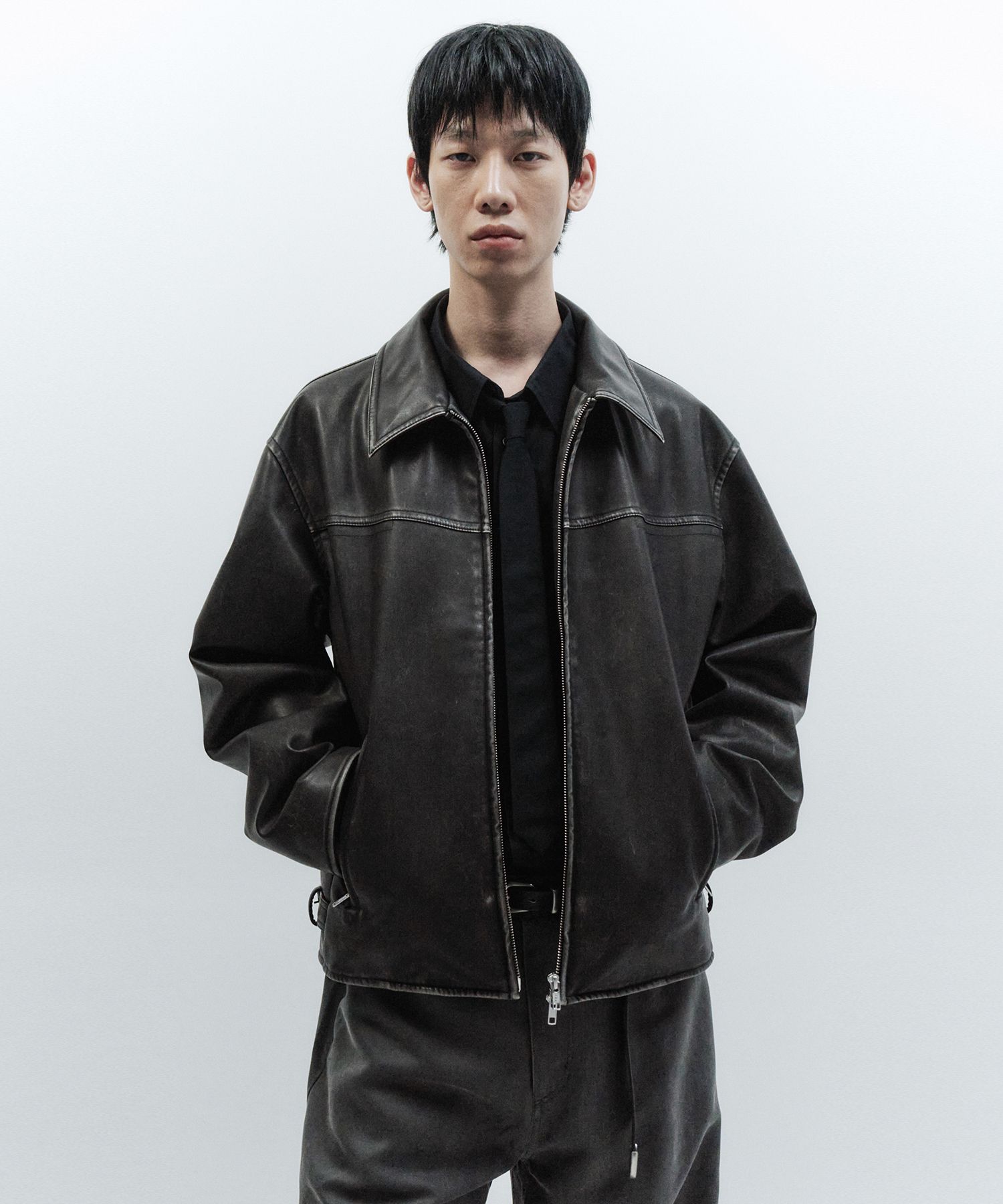 MUSINSA | INSILENCE Washed Eco Leather Jacket DARK BROWN