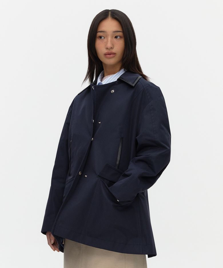 Leather Combo Half Trench_NAVY
