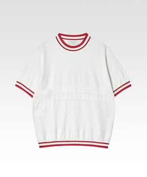 자카드 스트라이프 립 크루넥 하프 니트 화이트