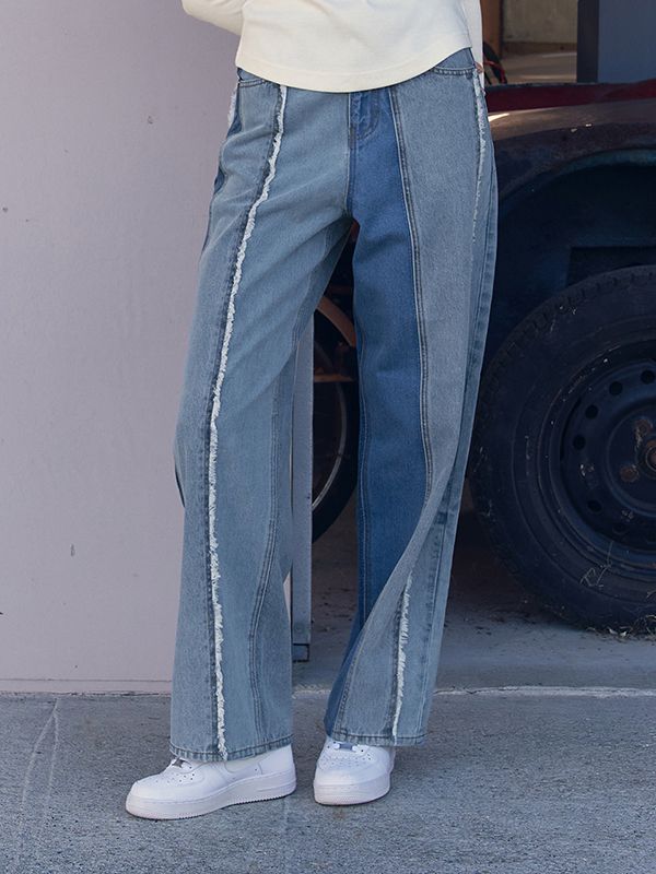 ★KIRSH★ Color Block Washing Wide Fit Denim Pants Blue MUSINSA公式 | KIRSH Color block washed wide fit denim pants