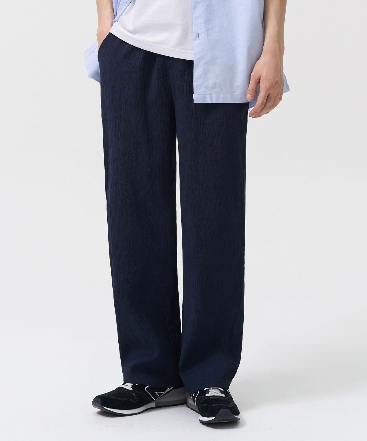 엑스컨테이너(EXCONTAINER) 플리츠 와이드 밴딩 팬츠 (NAVY)