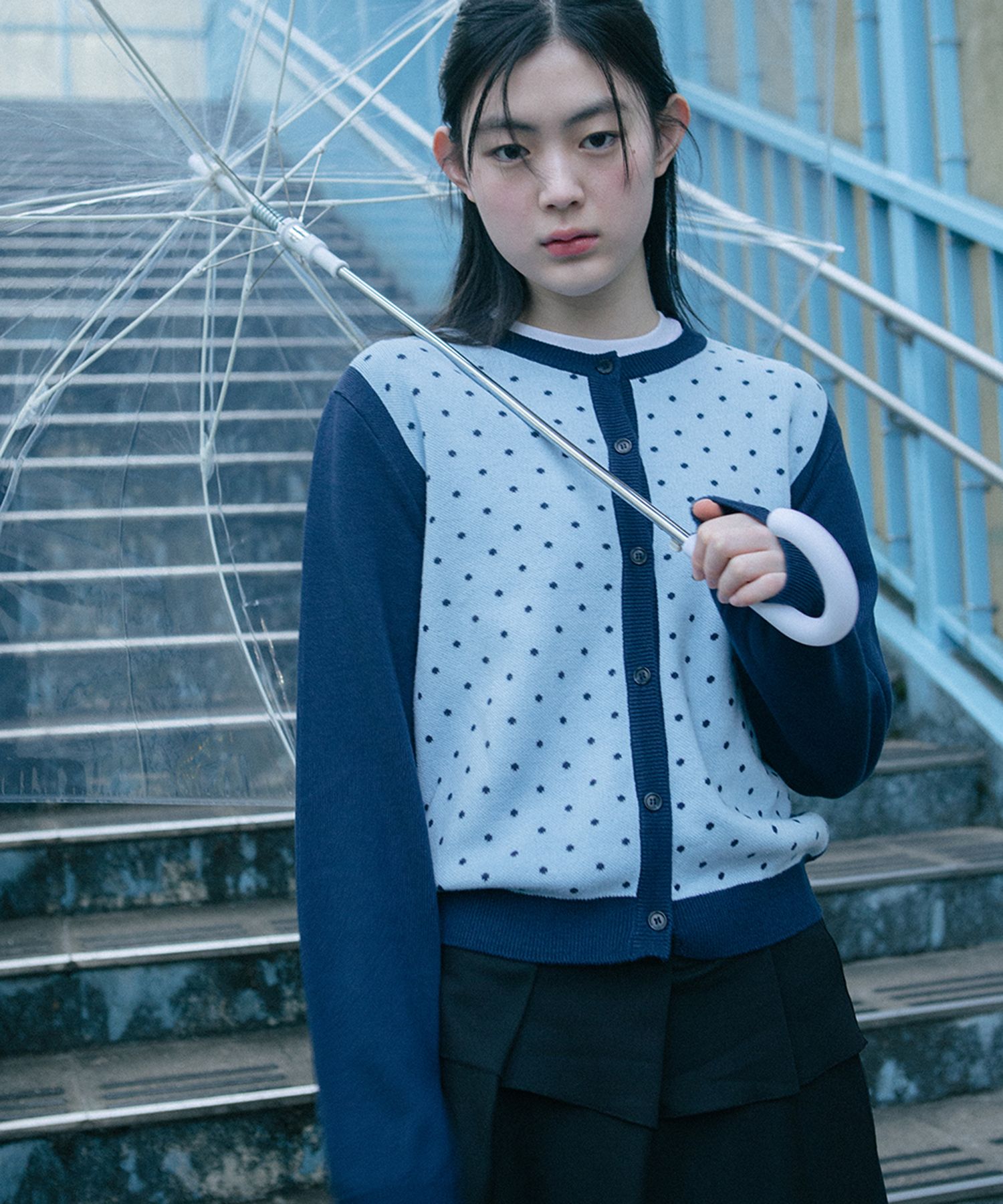 MUSINSA公式 | OHESHIO dot two tone cardigan (baby blue) 