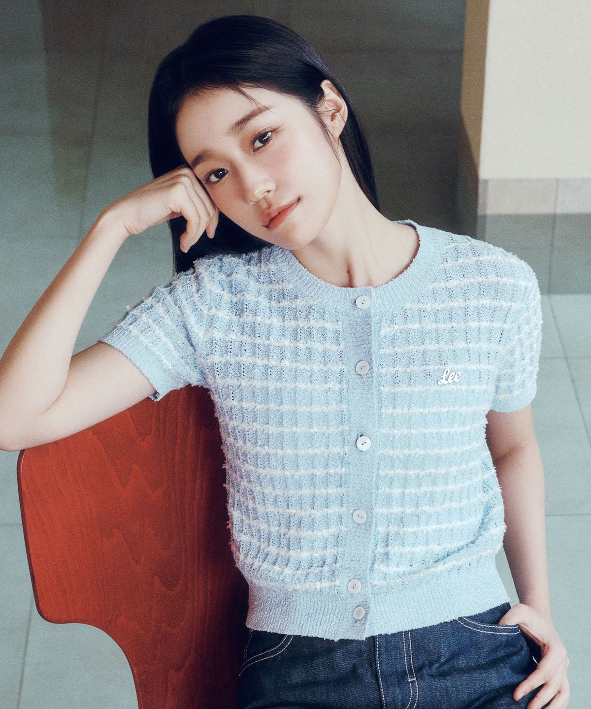 리(LEE) 우먼 라운드넥 트위드 가디건 스카이 블루