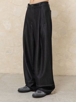 원턱 와이드 라이크 데님 팬츠 [블랙]