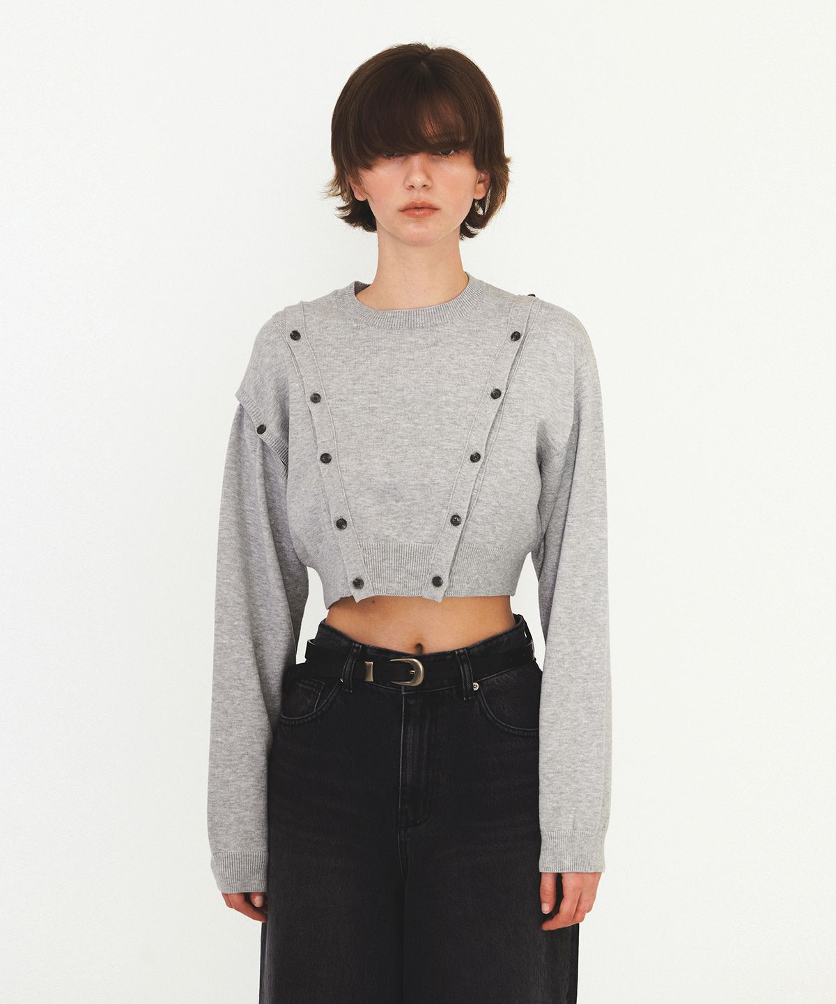 다이애그널(DIAGONAL) CROP BUTTON KNIT TOP (melange grey)