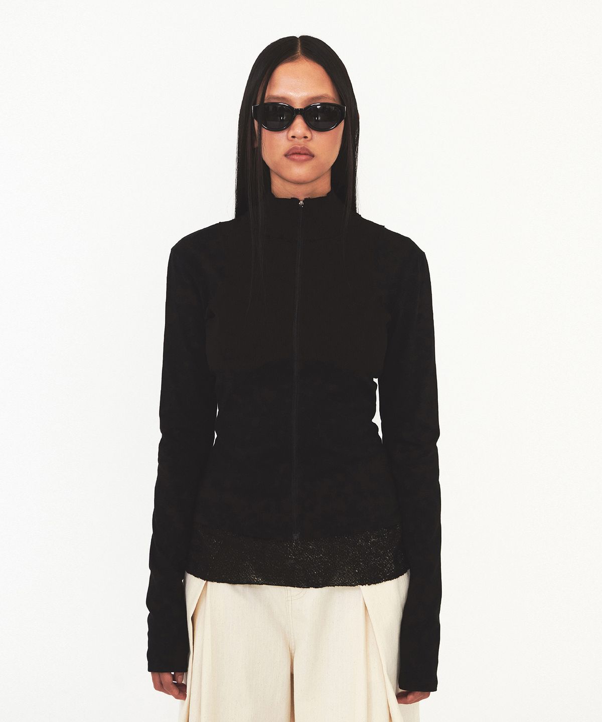 다이애그널(DIAGONAL) BUSTIER RIBBED ZIP UP (black)