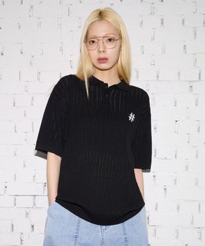 반팔 케이블 카라 컴포트핏 니트(블랙)