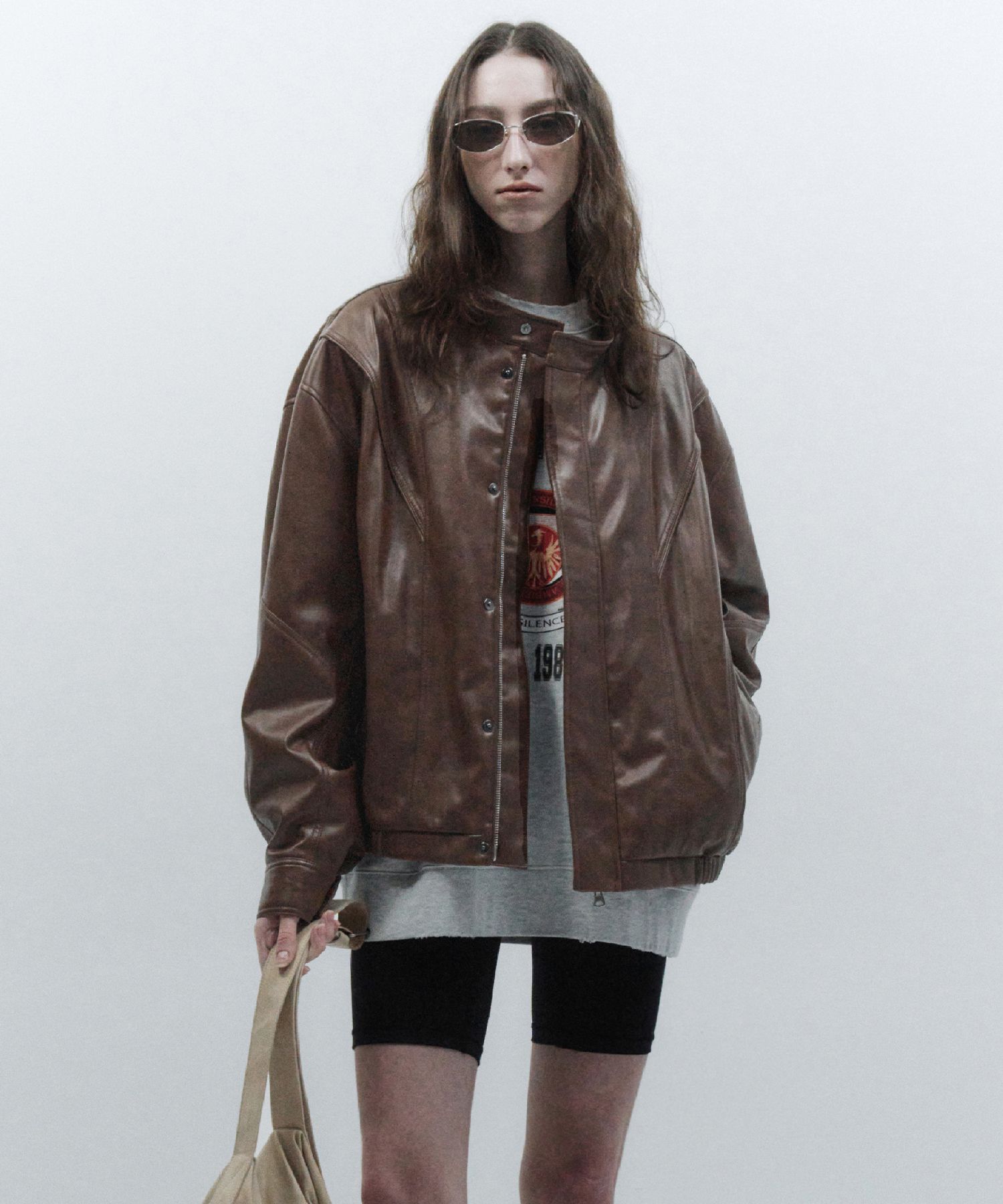 MUSINSA公式 | INSILENCE WOMEN Divide Faux Leather Jumper BROWN