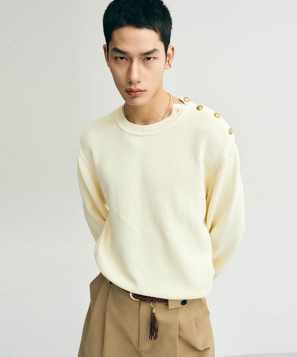 MUSINSA | NOIRER Lux Cotton Classic Button-Up Sweater (Ivory)